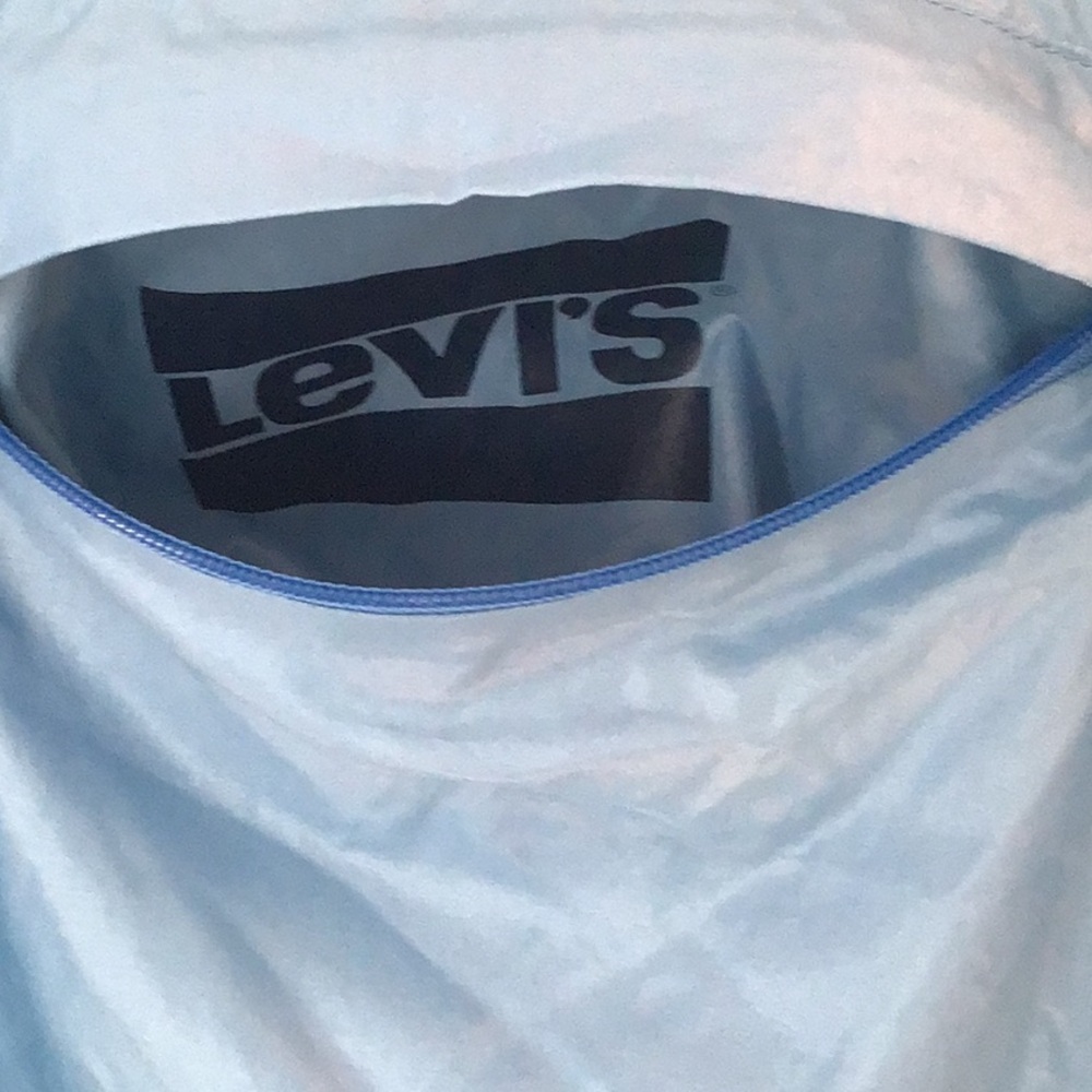 Y2K Vintage Levi's unisex light Blue Hooded  wind breaker .M - Picture 6 of 8